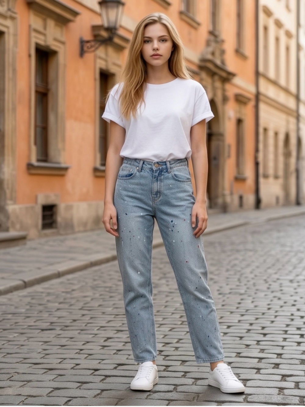 SHEIN Womens XS / 2 Light Wash Paint Splatter High Rise Straight Leg Mom Jeans